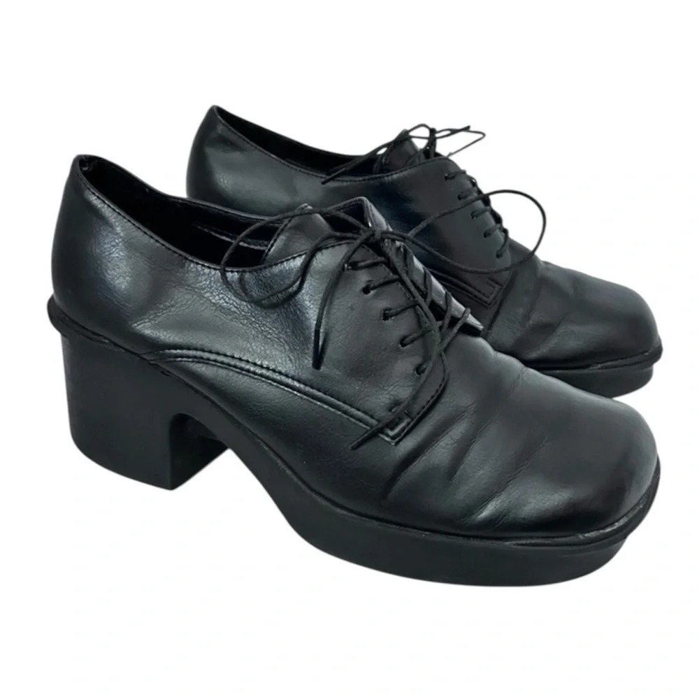 PREDICTIONS 90s Y2K Chunky Platform Heel Oxfords Size 8 Black Vegan Leather